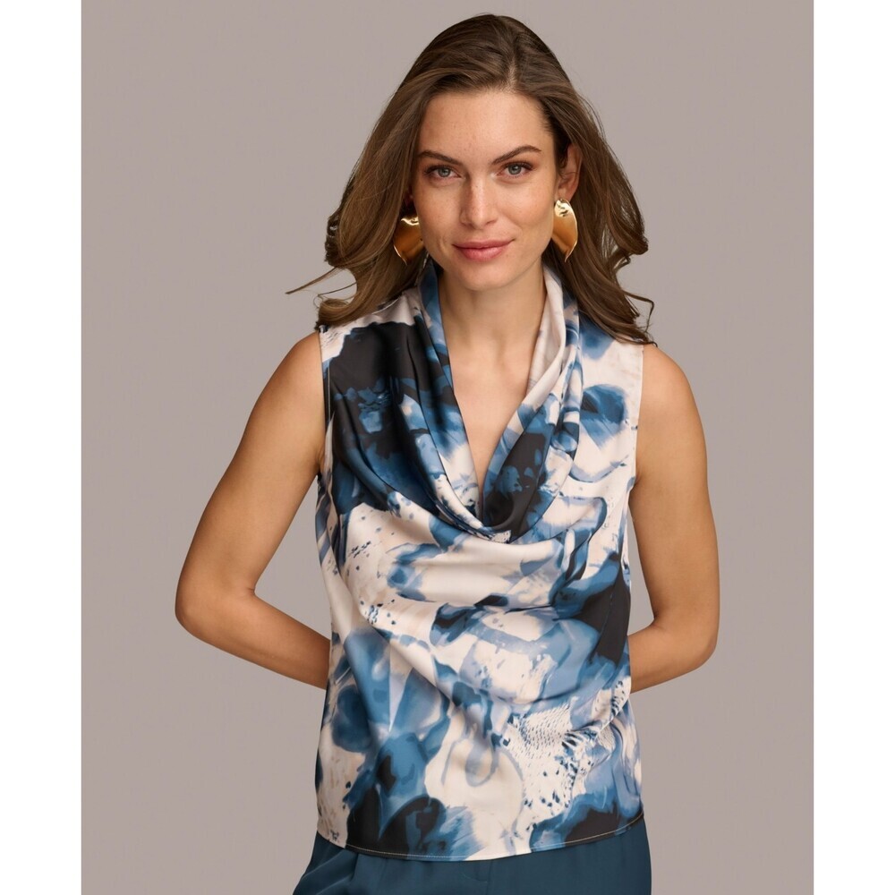 Donna Karan New York Tank Top Womens XL White Multi Abstract Cowl Neck FTS1483